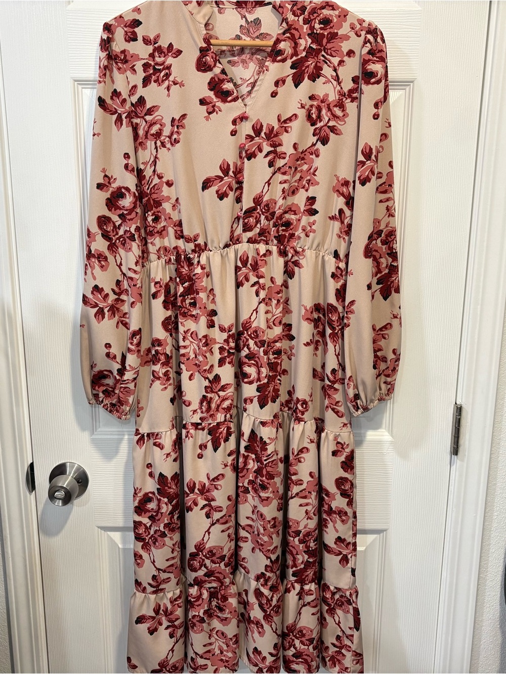 Floral V-Neck Tiered Maxi Dress in Blush with Wine Floral Print